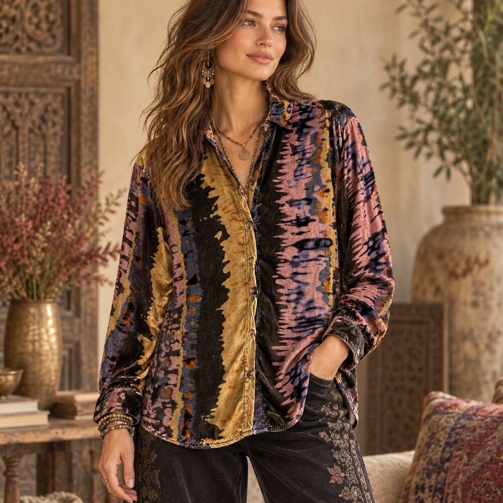 Johnny Was Workshop Silk Velvet Shirt S Abstract Boho Burnout Button Down Jewel